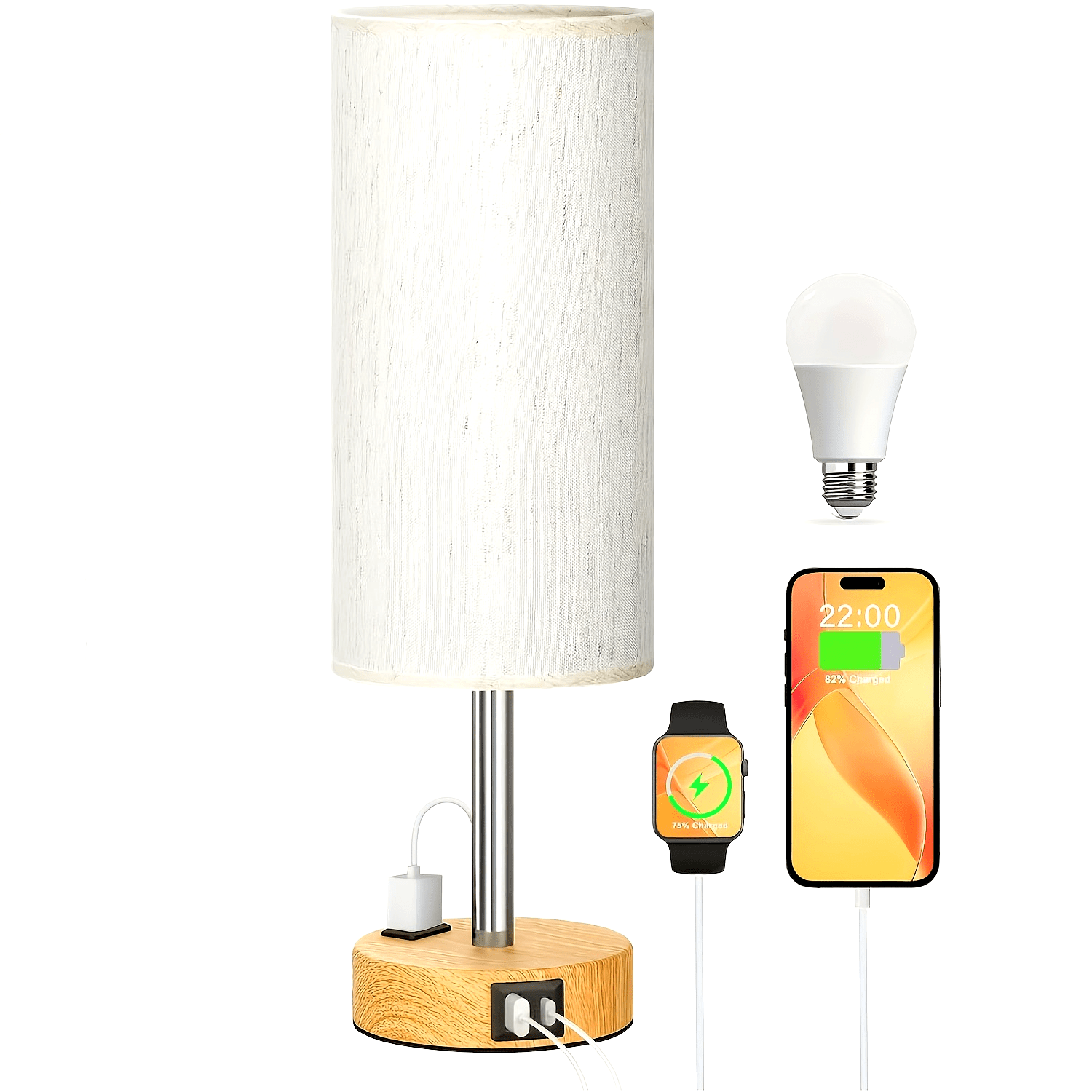 1\u002F2pc Modern Touch-Controlled Bedside Lamp Set - 3-Level Dimmable, USB Ports & AC Outlet, Wood Base with Flaxen Shade for Nightstand, Desk, Office, Dorm (LED Bulb Included), Table Lamps, Small Lamps, Bedroom