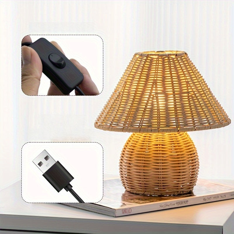 Art Deco Handwoven Desk Lamp USB Powered - Solid Color, Polished Finish, Fantasy Theme Pagoda-Shade Clip-On Lamp for Home Decor, Uplight Table Light with Push Button Switch for Bedroom, Living Room, Study