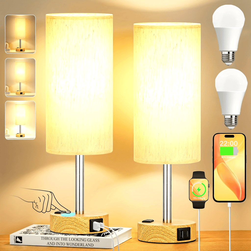 1\u002F2pc Modern Touch-Controlled Bedside Lamp Set - 3-Level Dimmable, USB Ports & AC Outlet, Wood Base with Flaxen Shade for Nightstand, Desk, Office, Dorm (LED Bulb Included), Table Lamps, Small Lamps, Bedroom