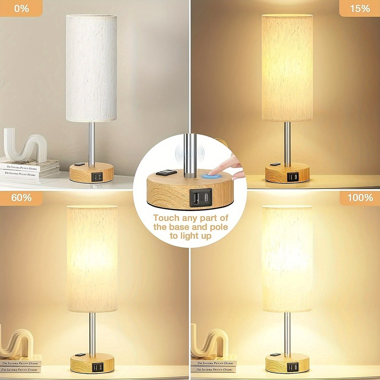 1\u002F2pc Modern Touch-Controlled Bedside Lamp Set - 3-Level Dimmable, USB Ports & AC Outlet, Wood Base with Flaxen Shade for Nightstand, Desk, Office, Dorm (LED Bulb Included), Table Lamps, Small Lamps, Bedroom