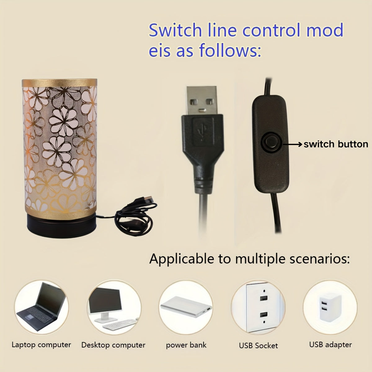 1pc Modern Minimalist USB-Powered Fabric Table Lamp - with Switch Warm Light, Suitable for Bedroom, Office, Bedside Table, Bookshelf & Living Room Decor, Soft Lighting Non-Harmful to Eyes, Ideal Gift for Family and Friends
