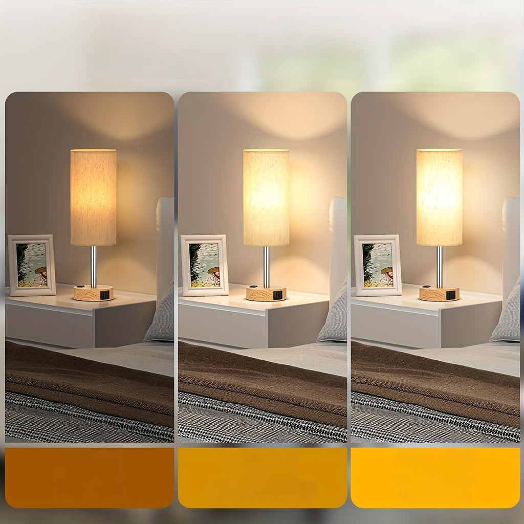 1\u002F2pc Modern Touch-Controlled Bedside Lamp Set - 3-Level Dimmable, USB Ports & AC Outlet, Wood Base with Flaxen Shade for Nightstand, Desk, Office, Dorm (LED Bulb Included), Table Lamps, Small Lamps, Bedroom