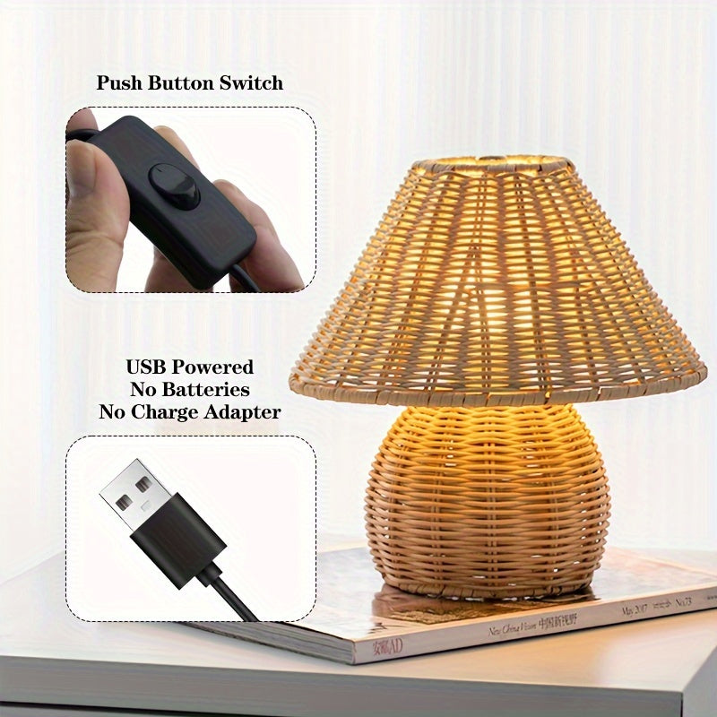 Art Deco Handwoven Desk Lamp USB Powered - Solid Color, Polished Finish, Fantasy Theme Pagoda-Shade Clip-On Lamp for Home Decor, Uplight Table Light with Push Button Switch for Bedroom, Living Room, Study